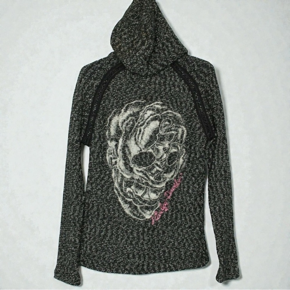 RARE Harley Davidson Y2K Knit with Skull, Pink Embroidery & Chains Zip Hoodie